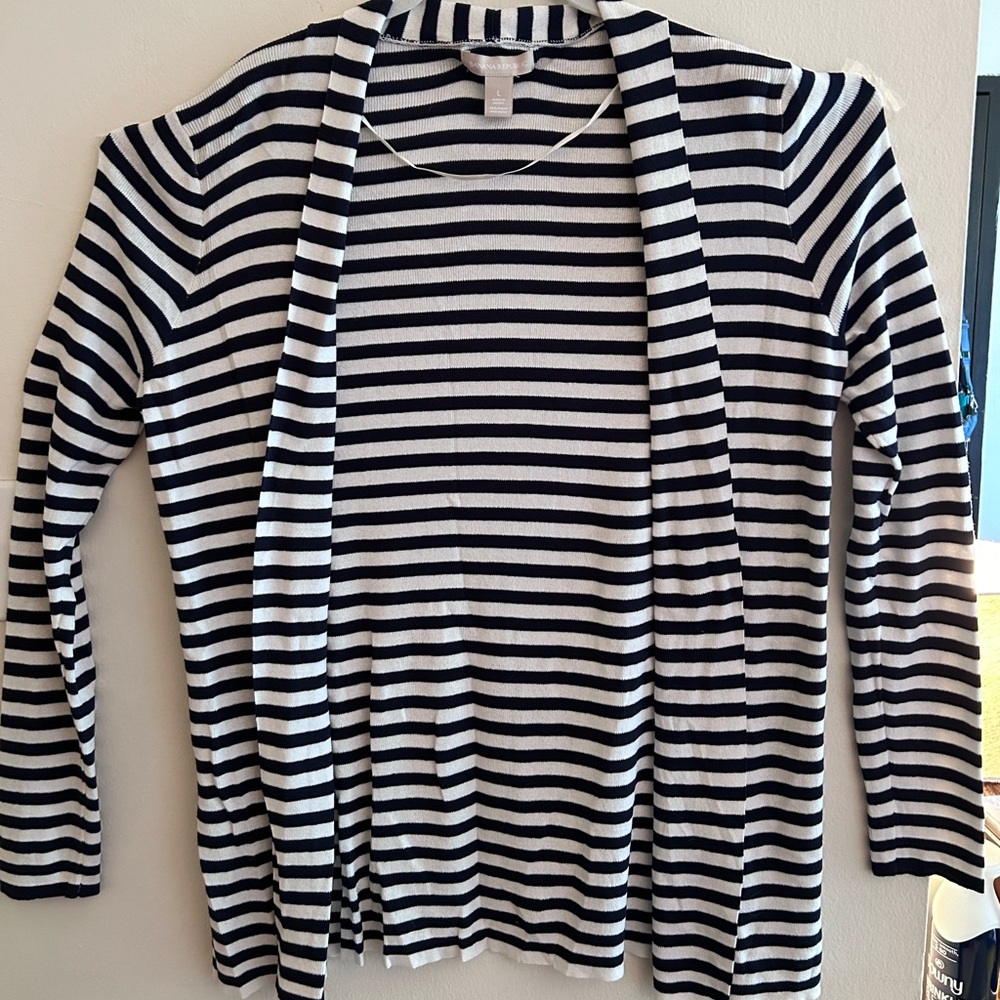 Banana Republic Navy & White Striped Shawl Open Cardigan - Size